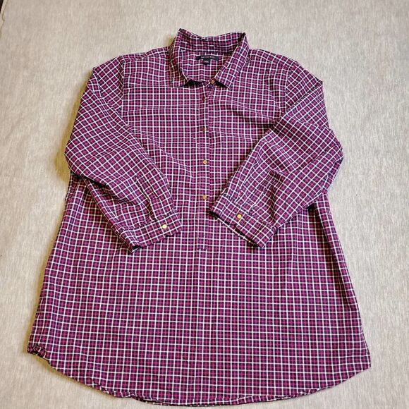 Lands End Top Womens 16W Pink Plaid 1/4 Button Long Sleeve Tunic Pullover - Picture 1 of 7